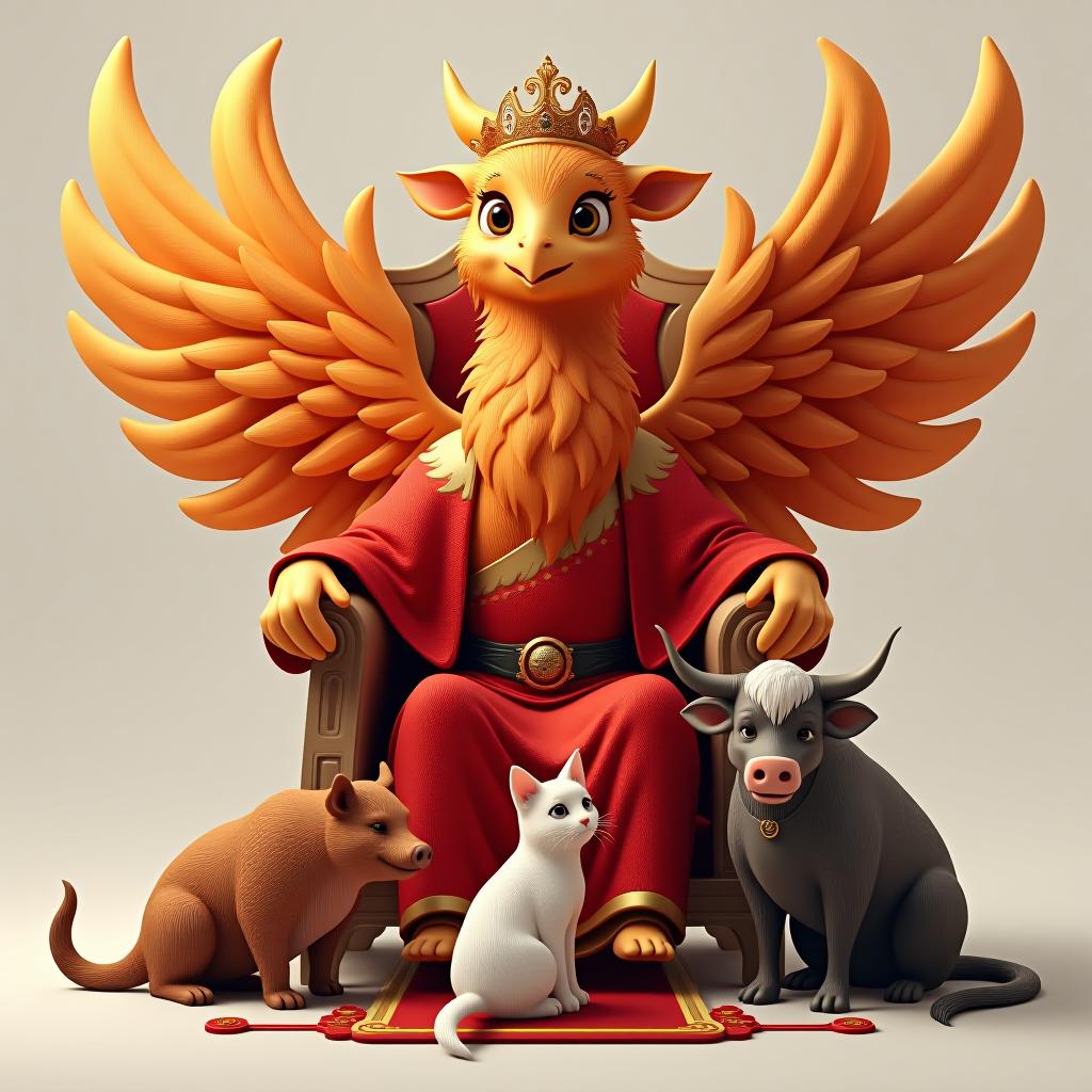  3d, humanlike phoenix, sitting oj a throne, wearing a crown, dog, cat, bull, cow, pig, bowing to him