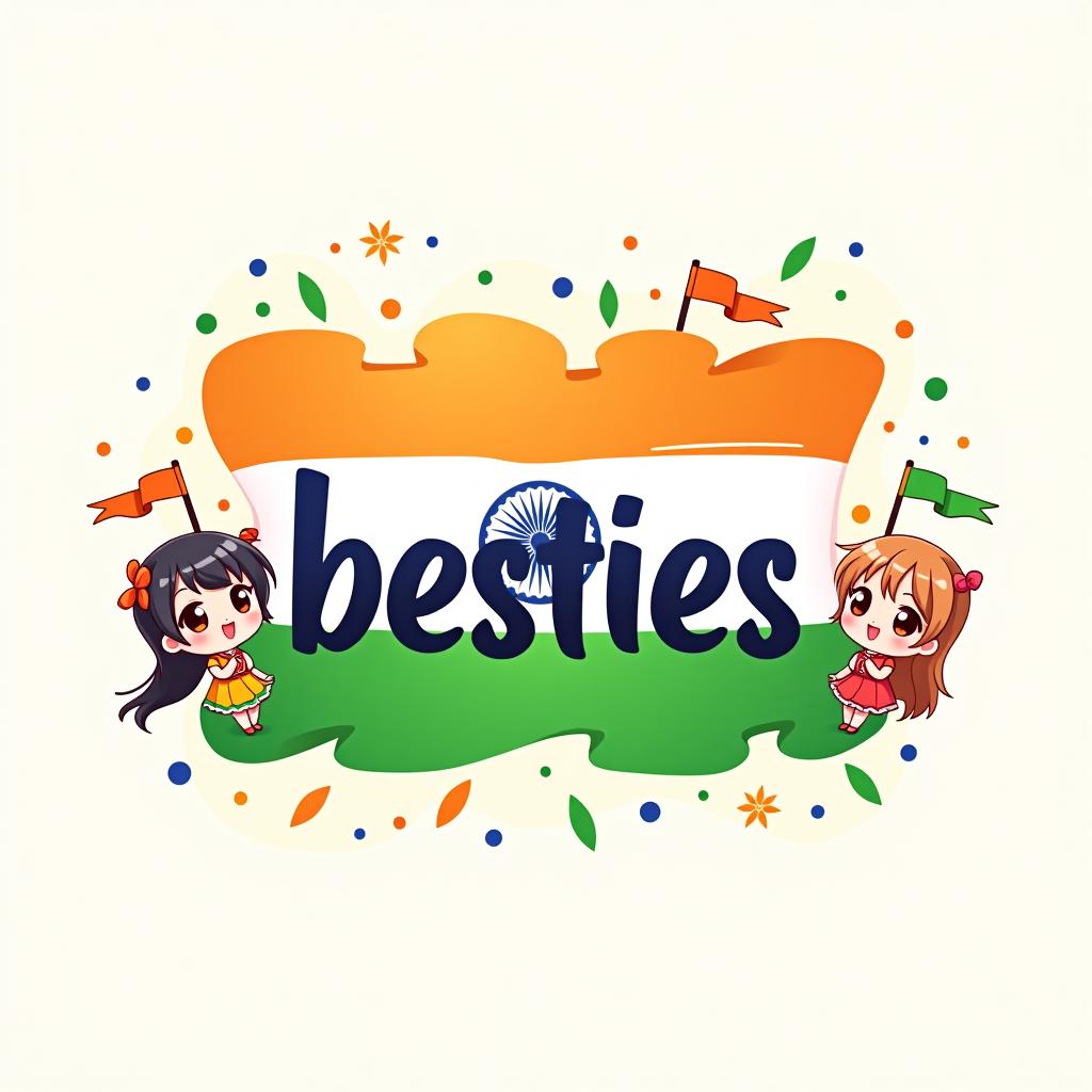  design a festive and cute profile picture logo for a group named 'besties' to celete independence day in india, with an anime aesthetic. the logo should feature vint colors from the indian flag (saffron, white, and green) and include anime style ilrations of a cute and in the corners. they should be dressed in traditional indian attire or holding small flags. the central part of the logo should display 'besties' in a , anime inspired font. add anime style independence day elements, such as stylized fireworks or the ashoka chakra, to enhance the festive mood. the overall design should be charming, colorful, and full of celetory spirit.