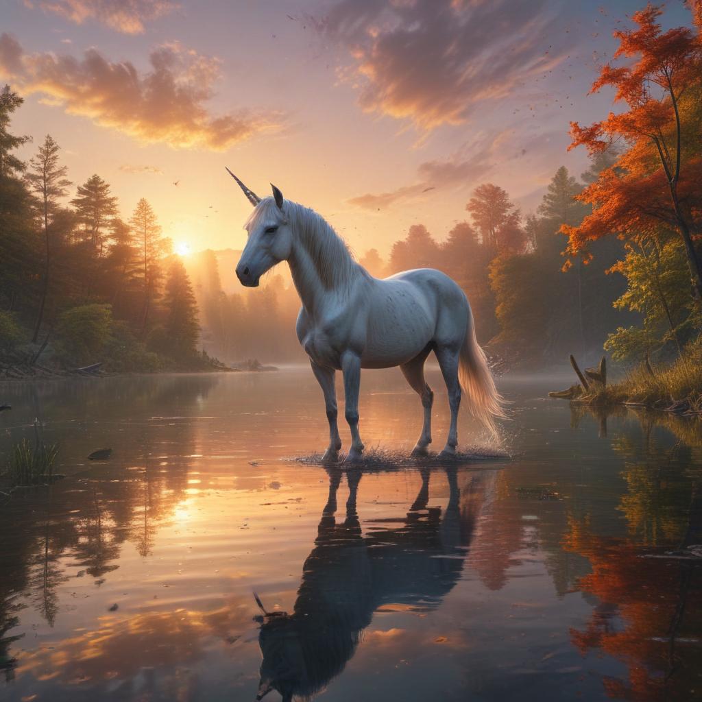 ((masterpiece)),(((best quality))), 8k, high detailed, ultra detailed, Ethereal Harmony: A Symphony of Colors, a swirling vortex of rainbow hues, (a majestic unicorn) gracefully prancing, (a serene lake) reflecting the vibrant skies, (flocks of colorful birds) soaring overhead, (a radiant sun) casting warm rays on the landscape hyperrealistic, full body, detailed clothing, highly detailed, cinematic lighting, stunningly beautiful, intricate, sharp focus, f/1. 8, 85mm, (centered image composition), (professionally color graded), ((bright soft diffused light)), volumetric fog, trending on instagram, trending on tumblr, HDR 4K, 8K