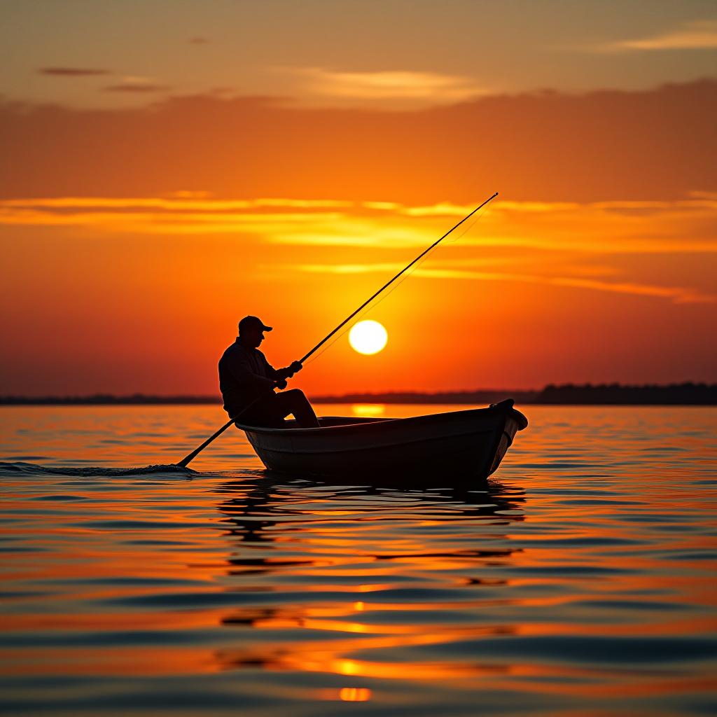  a fisherman in a boat at sunset.