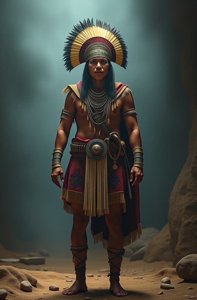  literatura prehispanica inca hyperrealistic, full body, detailed clothing, highly detailed, cinematic lighting, stunningly beautiful, intricate, sharp focus, f/1. 8, 85mm, (centered image composition), (professionally color graded), ((bright soft diffused light)), volumetric fog, trending on instagram, trending on tumblr, HDR 4K, 8K