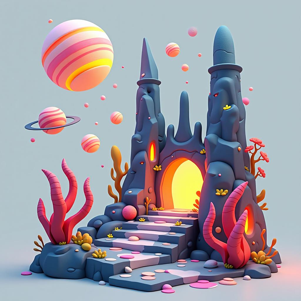  white background. a asset and material derived from a hyper realistic alien planet, featuring glowing organic matter, and fragments of unique architectural structures. each asset should reflect the same fantasy elements as the planet, with floating pieces, glowing edges, and a consistent color palette. include items like glowing rocks, mysterious plant life, and fragments of the planet's structures, all in a cartoon and disney style.