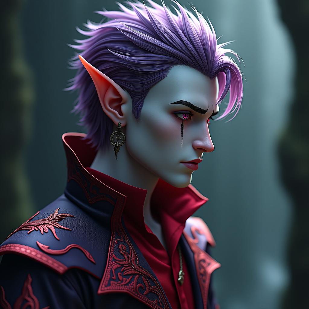  breathtaking the dark elf man has marble white skin, purple scarlet hair, lavender eyes with a red tint, is dressed in a red purple shirt embroidered with red gold, a semi jacket with a dark scarlet snake skin trim is worn over the shirt, a hairstyle in the style of a hedgehog. there is an earring in the shape of a month in the right ear. the tattoo in the form of a crescent toothed is applied near the left eye socket, the crescent is turned towards the eye . award winning, professional, highly detailed hyperrealistic, full body, detailed clothing, highly detailed, cinematic lighting, stunningly beautiful, intricate, sharp focus, f/1. 8, 85mm, (centered image composition), (professionally color graded), ((bright soft diffused light)), volumetric fog, trending on instagram, trending on tumblr, HDR 4K, 8K