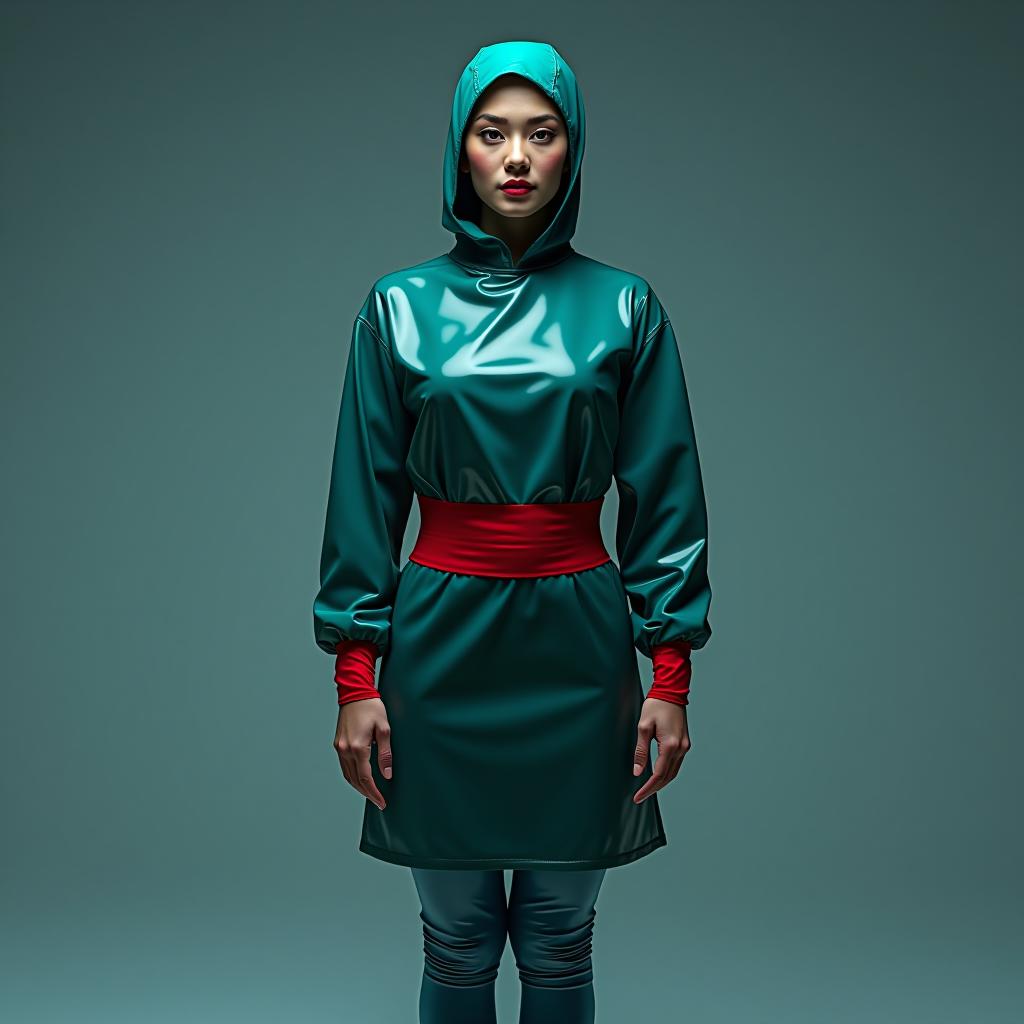  hyperdetalisation, woman, mistress surgeon in a three color surgical gown, made of glossy latex, standing alone, full length, front view, full face, dressed in, surgical gown, knee length, with an elastic waistband, long sleeves, with elastic cuffs, the upper part of the surgical gown, (from the collar to the waist), glossy latex dark green, belt at the waist, glossy latex red, the lower part of the surgical gown, (from the hem to the waist), glossy latex dark blue, the upper part of the sleeve, (from the shoulder to the elbow), glossy latex dark blue, the lower part of the sleeve, (from the elbow to the cuff), glossy latex dark green, cuffs on the sleeve, glossy latex red, (bib hood with a collar), made of glossy dark blue latex, completel hyperrealistic, full body, detailed clothing, highly detailed, cinematic lighting, stunningly beautiful, intricate, sharp focus, f/1. 8, 85mm, (centered image composition), (professionally color graded), ((bright soft diffused light)), volumetric fog, trending on instagram, trending on tumblr, HDR 4K, 8K