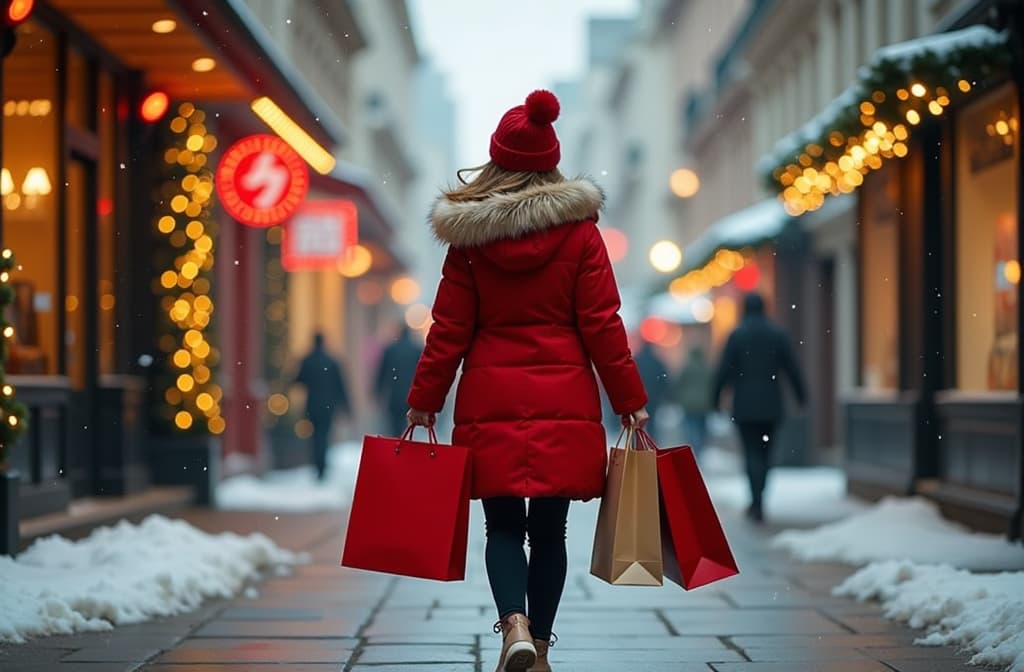  advertising style, stock photo, corporate branding style girl walking with gift bags in her hands through the city decorated with new year's garlands, , falling snow, festive atmosphere, rear view ar 3:2 . professional, clean, modern, product focused, commercial, eye catching, minimalist, business oriented, highly detailed