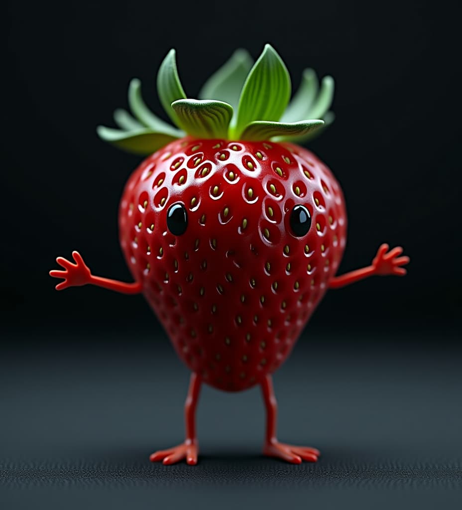  hyper realistic render of a living strawberry with human like features, detailed textures on the skin, seeds acting as tiny eyes, and a small leafy hat. the strawberry is in motion, reaching out with tiny fruit arms, set against a dark background with moody lighting, 8k resolution, ultra detailed