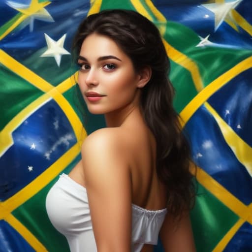 Bandeira do Brasil, onde as borboletas substituem as estrelas. Bandeira aparecendo inteira, na saia de uma mulher in Oil painting style