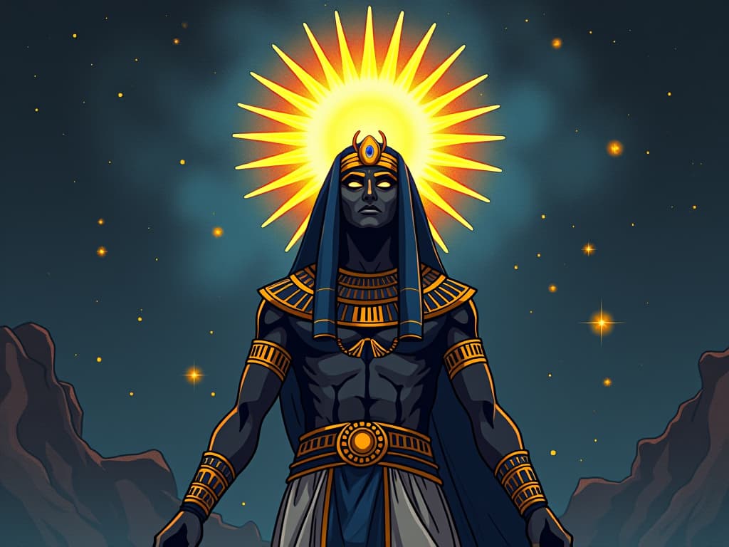  solar disk surrounded by rays of light, eye of horus, ethereal glow, stars twinkling. the style is digital art illustration / modern comic book / mysterious occult, symbolic, esoteric vibe,high detail on character design, incorporating ancient egyptian symbology and attire.