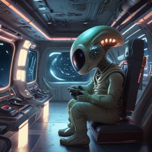 A playful alien playing video games in a futuristic, abstract space station.