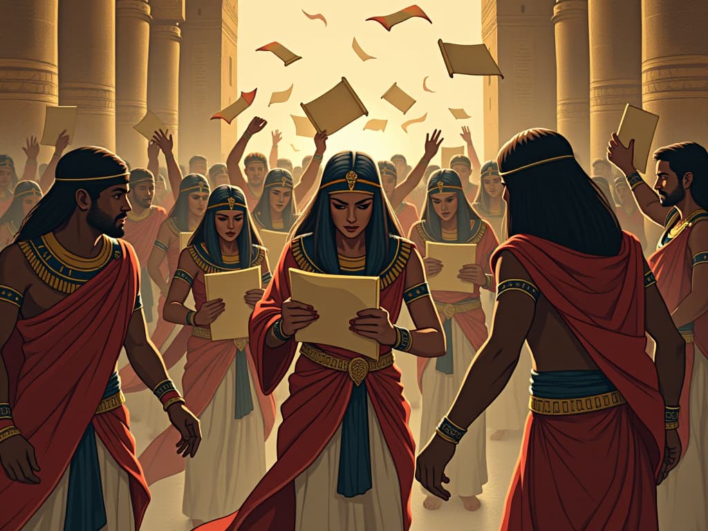  ancient egyptian job market, men and women in traditional garb scrambling for scrolls and scripts, symbolizing job instability. the style is digital art illustration / modern comic book / mysterious occult, symbolic, esoteric vibe,high detail on character design, incorporating ancient egyptian symbology and attire.