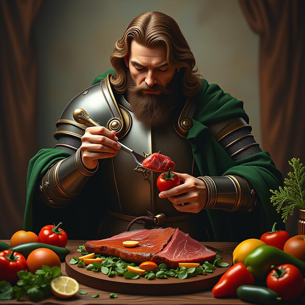  make an image of a man with brown hair in full armor wearing green eating a feast of fruits and vegetables with halal meat