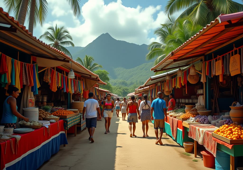  a vibrant jamaican marketplace with colorful stalls selling local crafts and produce, smiling vendors interacting with tourists, set against a backdrop of lush tropical foliage and distant mountains., in the style of disney hyperrealistic, full body, detailed clothing, highly detailed, cinematic lighting, stunningly beautiful, intricate, sharp focus, f/1. 8, 85mm, (centered image composition), (professionally color graded), ((bright soft diffused light)), volumetric fog, trending on instagram, trending on tumblr, HDR 4K, 8K