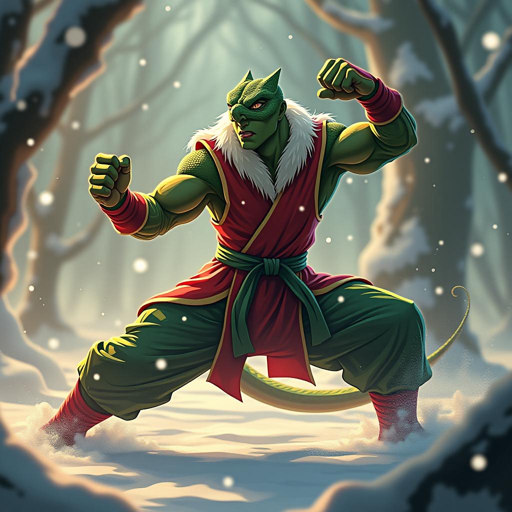  fighting game style new year, green snake year, inspiration, tree, snow, joy in drawing style . dynamic, vibrant, action packed, detailed character design, reminiscent of fighting video games hyperrealistic, full body, detailed clothing, highly detailed, cinematic lighting, stunningly beautiful, intricate, sharp focus, f/1. 8, 85mm, (centered image composition), (professionally color graded), ((bright soft diffused light)), volumetric fog, trending on instagram, trending on tumblr, HDR 4K, 8K