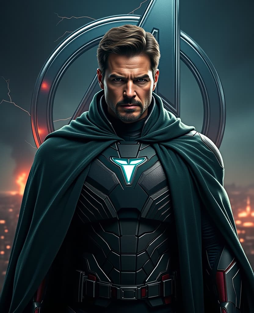  good quality, high quality, a hyper realistic movie poster for "avengers secret war" starring tom cruise as unlimate iron man. he is depicted with a sinister expression, wearing a heavily armored, dark green cloak. the background shows a war torn city in shadows, with the avengers logo partially illuminated by crackling energy.