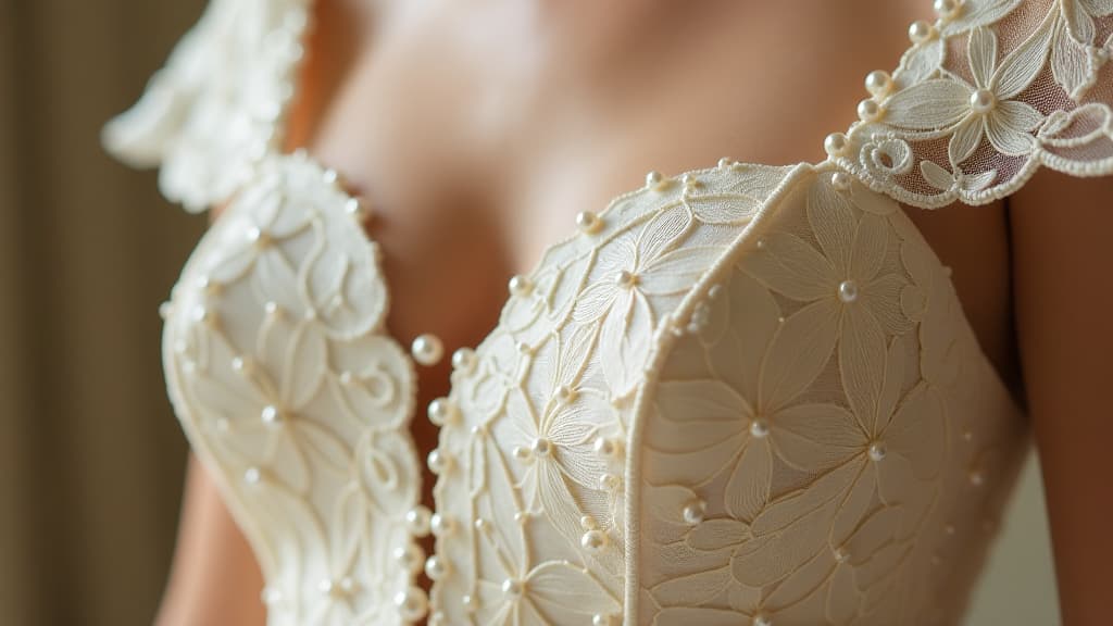  create an image with the following specifications: main subject: description: a close up of princess diana's iconic wedding dress, focusing on the intricate lace details and pearls on the bodice. style: elegant and romantic. setting: location: studio setting with soft lighting. composition: framing: close up shot, filling the frame with dress details. style: art movement: contemporary fashion photography. technique: high resolution studio photography. atmosphere: mood: dreamy and nostalgic. color palette: dominant colors: ivory, pearl white, soft cream. mood: pure and ethereal. details: foreground: intricate lace patterns, tiny pearls, and sequins. background: soft, out of focus ivory fabric. technical specs: aspect ratio: 4:3. neg hyperrealistic, full body, detailed clothing, highly detailed, cinematic lighting, stunningly beautiful, intricate, sharp focus, f/1. 8, 85mm, (centered image composition), (professionally color graded), ((bright soft diffused light)), volumetric fog, trending on instagram, trending on tumblr, HDR 4K, 8K