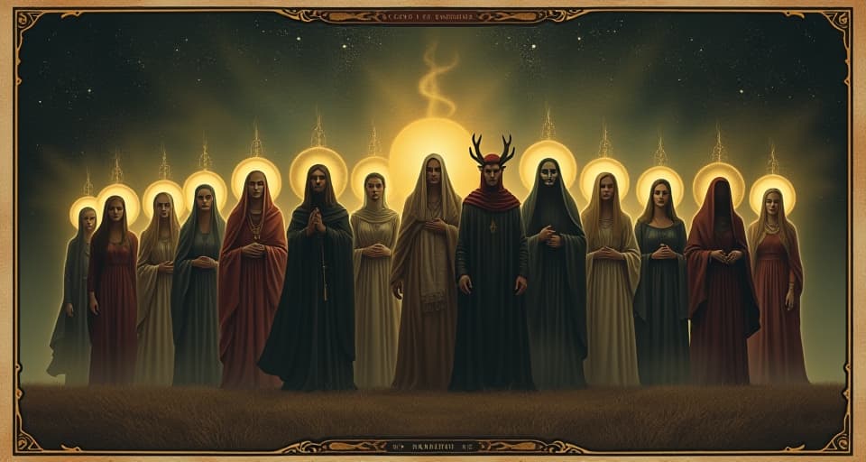  a group of diverse figures, each glowing with an aura, standing in unity, harmonious light emanating, sense of shared purpose, radiant, inclusive. an illustration in the style of a worn, mystical old tarot trump card, mysterious and elements of surrealism. the colors are muted, somber and eerie, but with contrast bring out an occult and esoteric vibe.