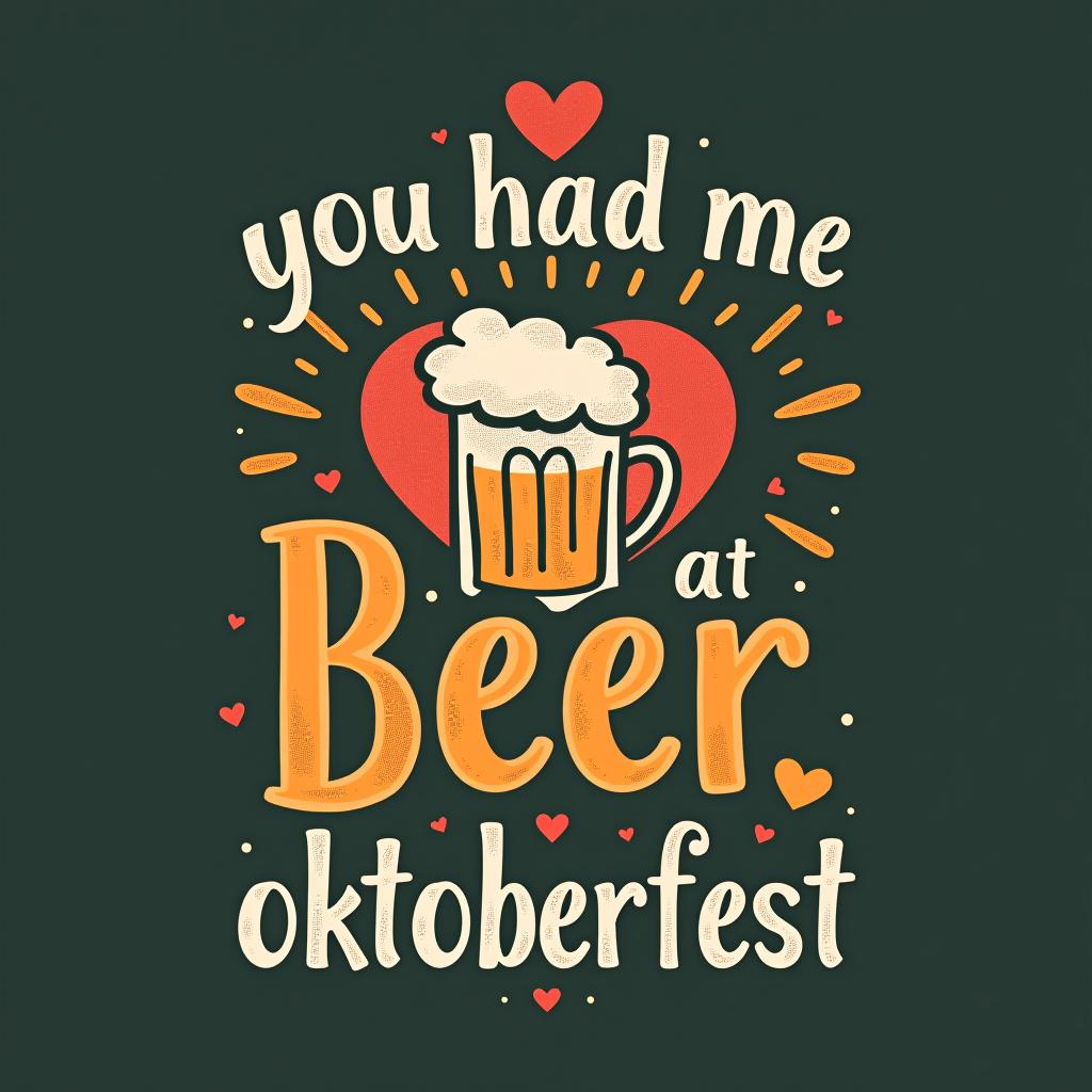  playful design with 'you had me at beer.' bold romantic font with heart and beer mug with distressed textures. place the word oktoberfest at the bottom of the image