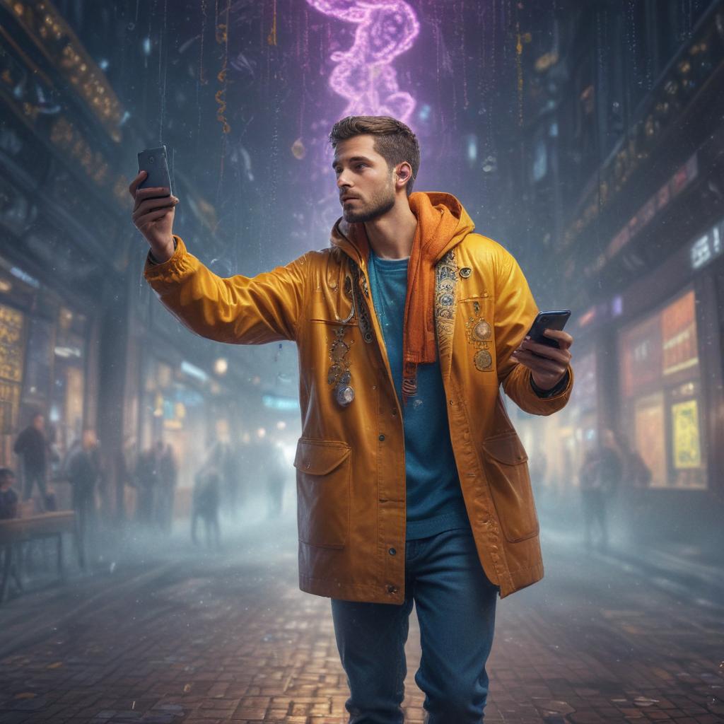 ((masterpiece)),(((best quality))), 8k, high detailed, ultra detailed, A person interacting with a smartphone for crypto trading, intricate patterns of code visible on the screen, digital currency coins falling from the sky, dynamic and energetic composition, vibrant color palette hyperrealistic, full body, detailed clothing, highly detailed, cinematic lighting, stunningly beautiful, intricate, sharp focus, f/1. 8, 85mm, (centered image composition), (professionally color graded), ((bright soft diffused light)), volumetric fog, trending on instagram, trending on tumblr, HDR 4K, 8K