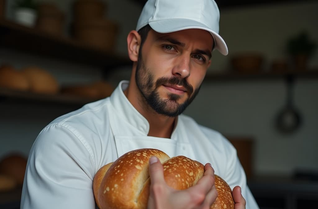  portrait of a baker in white uniform and hat holding a bread in his hands, looking to camera, copy space on a right side of the photo, light and bright, ar 3:2, (natural skin texture), highly detailed face, depth of field, hyperrealism, soft light, muted colors