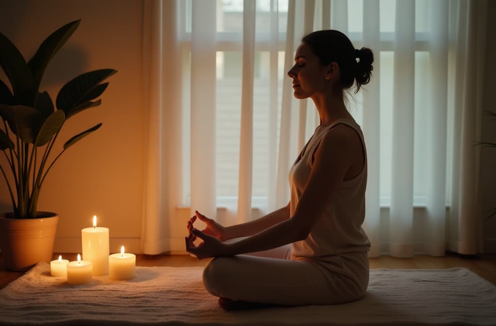  professional detailed photography, a tranquil moment as a young woman engages in a gentle yoga pose amid soft candlelight creating a serene meditation scene. ar 3:2, (muted colors, dim colors, soothing tones), (vsco:0.3)