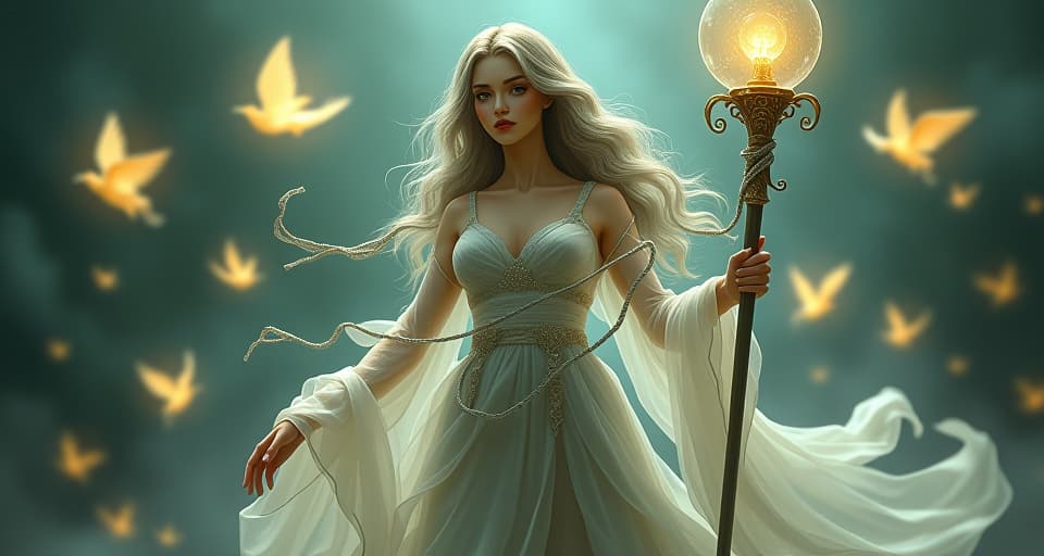  translucent being, with voices emerging as silver threads around her. holding an enchanted staff, surrounded by glowing spirits symbolizing silenced voices.. the style is digital art illustration,highly detailed, whimsical,magical, dreamlike atmosphere, realism and fantasy blend, smooth, glossy textures,luminous quality, wonder and enchantment.