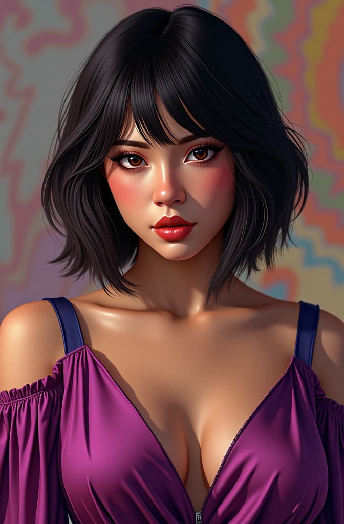  mujer pelo negro con vestido purpura, multicolored hair, colorful background, realistic shaded perfect face, fine details by realistic shaded lighting poster by ilya kuvshinov katsuhiro otomo, magali villeneuve, artgerm, jeremy lipkin and michael garmash and rob rey hyperrealistic, full body, detailed clothing, highly detailed, cinematic lighting, stunningly beautiful, intricate, sharp focus, f/1. 8, 85mm, (centered image composition), (professionally color graded), ((bright soft diffused light)), volumetric fog, trending on instagram, trending on tumblr, HDR 4K, 8K