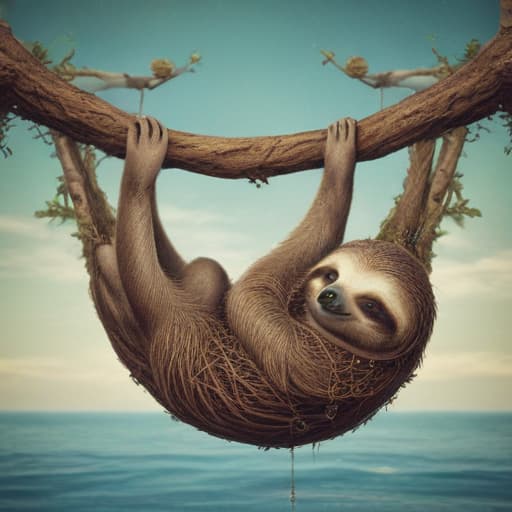 A sleepy sloth hanging from a fantastical, abstract tree branch. in Steampunk style with Oceans background