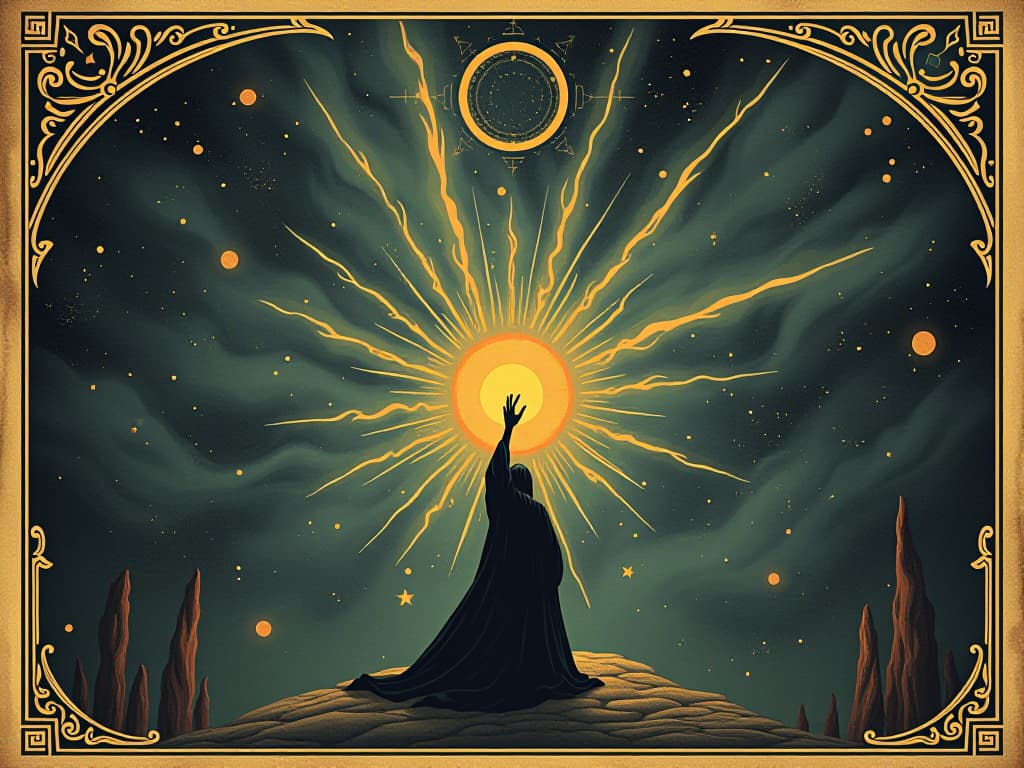  energy streams from higher dimensions, artist illuminated, transmuting cosmic energies into art, celestial symbols floating around, divine conduit. an illustration in the style of a worn, mystical old tarot trump card, mysterious and elements of surrealism. the colors are muted, somber and eerie, but with contrast bring out an occult and esoteric vibe.