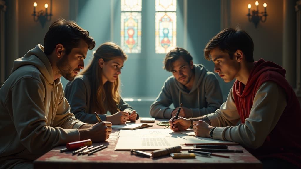  history of biblical times, a group of youths in a church setting discussing tattoo meanings, surrounded by art supplies and inspiration. hyperrealistic, full body, detailed clothing, highly detailed, cinematic lighting, stunningly beautiful, intricate, sharp focus, f/1. 8, 85mm, (centered image composition), (professionally color graded), ((bright soft diffused light)), volumetric fog, trending on instagram, trending on tumblr, HDR 4K, 8K