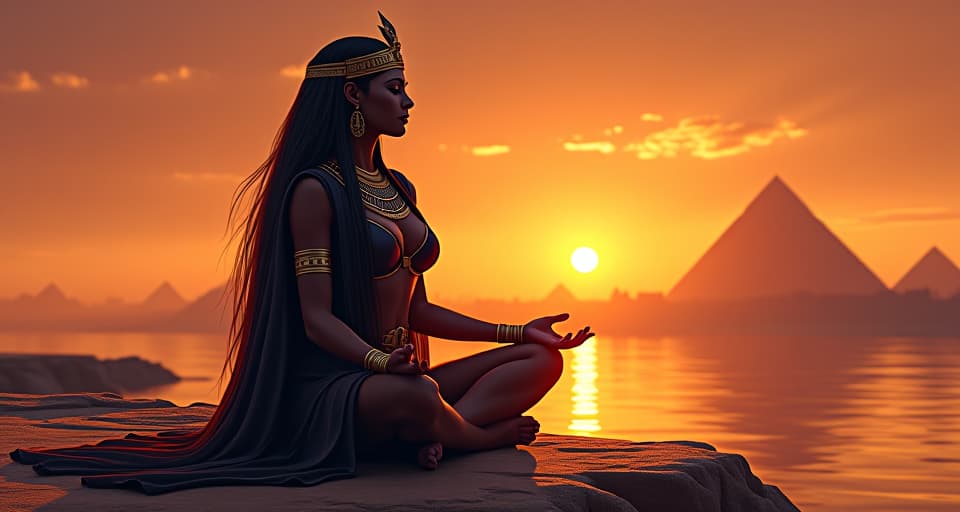  a large busted egyptian priestess in a form fitting, shimmering robe, meditating by the nile at sunset, divine connection. the style is digital art illustration / modern comic book / mysterious occult, symbolic, esoteric vibe,high detail on character design, incorporating ancient egyptian symbology and attire.