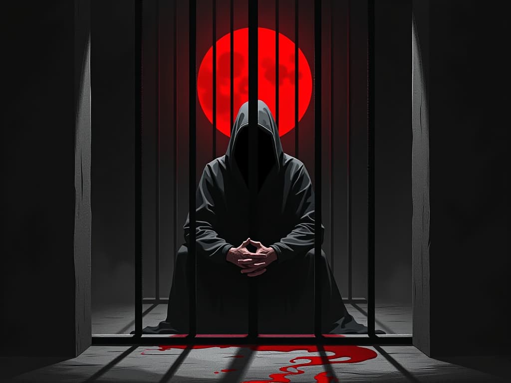  darkened cell, figure willingly sitting in shadow, behind iron bars, dual emotion of punishment and self protection. the style is dark fantasy and mysterious occult, symbolic, moody lighting, esoteric vibe,high detail on character design. for the color scheme emphasize blacks and reds.