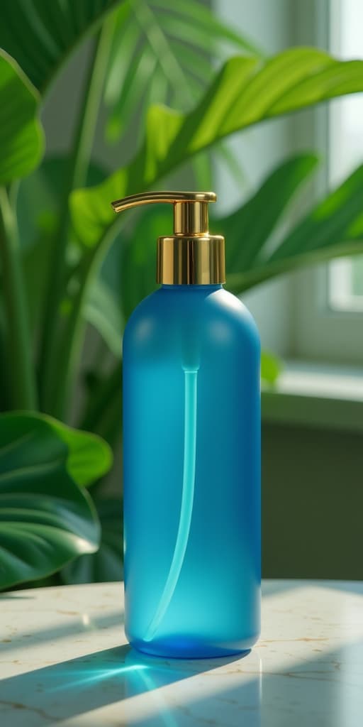  blue pump bottle with gold top on a table in front of tropical plants, high quality, high details, hd, perfect composition, 4k epic detailed, highly detailed, sharp focus, high resolution