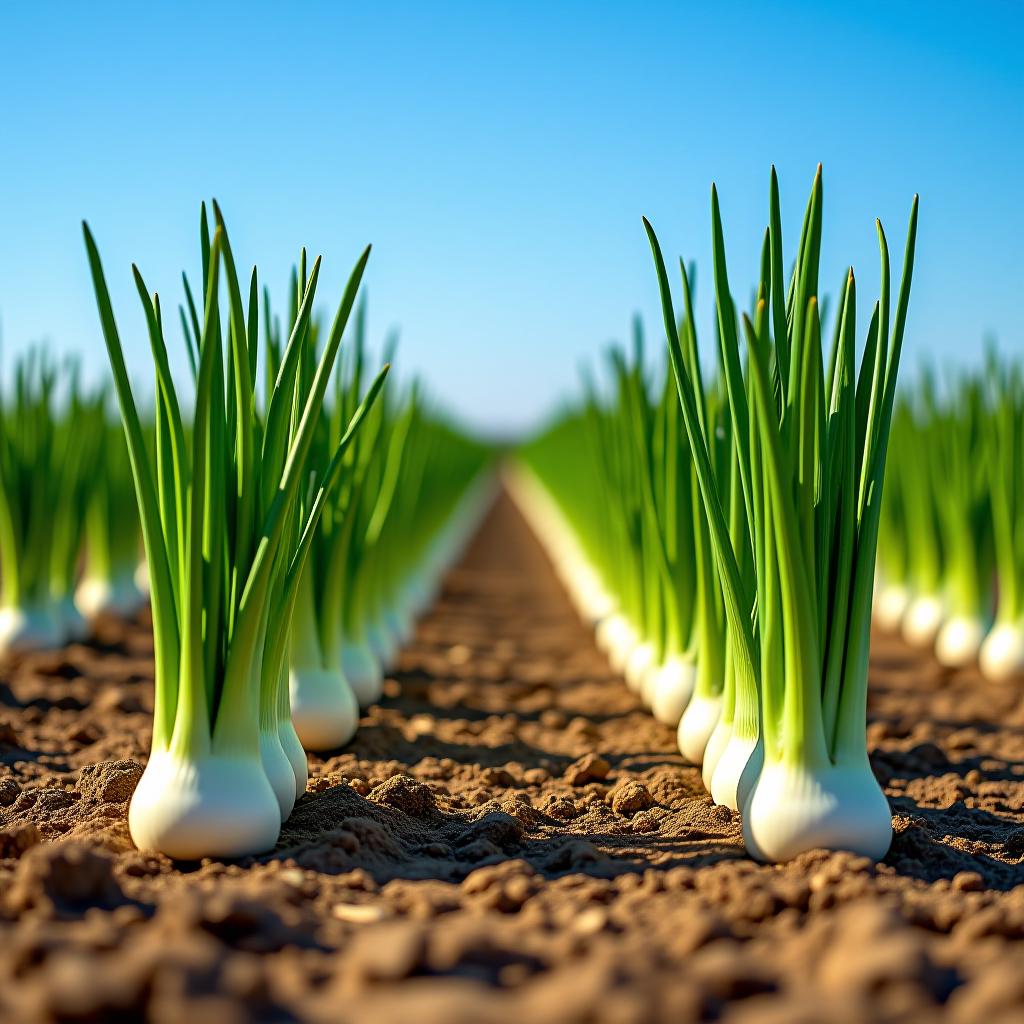  rows of fertile leeks on the ground in a field with a blue sky in the background