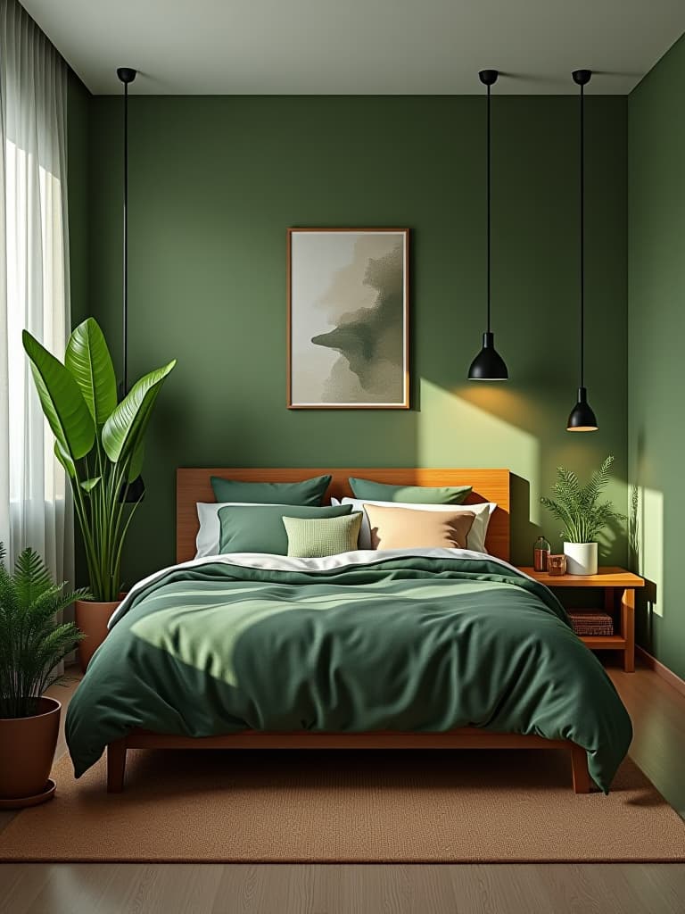  high quality portrait photo of a modern bedroom with a nature inspired color palette, featuring shades of green and brown, with large potted plants and natural wood accents hyperrealistic, full body, detailed clothing, highly detailed, cinematic lighting, stunningly beautiful, intricate, sharp focus, f/1. 8, 85mm, (centered image composition), (professionally color graded), ((bright soft diffused light)), volumetric fog, trending on instagram, trending on tumblr, HDR 4K, 8K