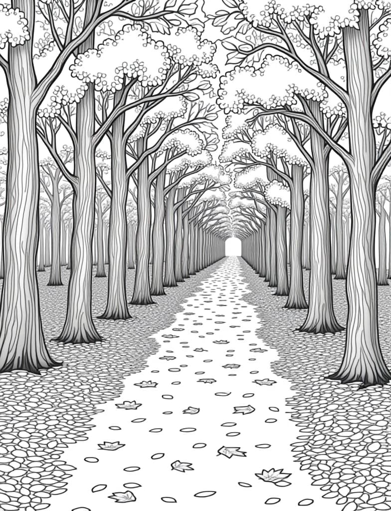  a pathway through a forest covered with autumn leaves, black and white line art on a white background, for an adult coloring page.