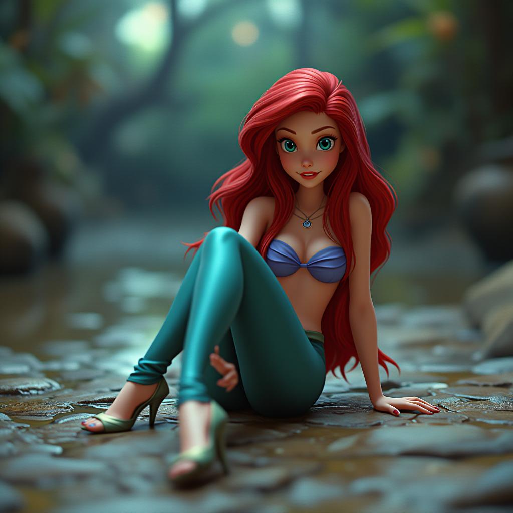  cinematic photo famous cartoon disney mermaid , zoomed out view, far away view, , clothes off, lying down on ground, full body in view, wearing open toe high heel shoes, ing legs, legs open, legs up, (high detail), best quality, all body in view ,high quality, realistic lighting, symmetrical natural eyes, long legs, natural eyes, beautiful realistic face, long legs, high detail, zoomed out, extremely detailed, photo (ultra), photorealistic, realistic, max detail, real life, ultra realistic, photography, photography, perfect hands, , colored nails, (tiny s, :1.6), legs in view, flat , flat ed, pose,. 35mm photograph, film, bokeh, professional, 4k, highly detailed