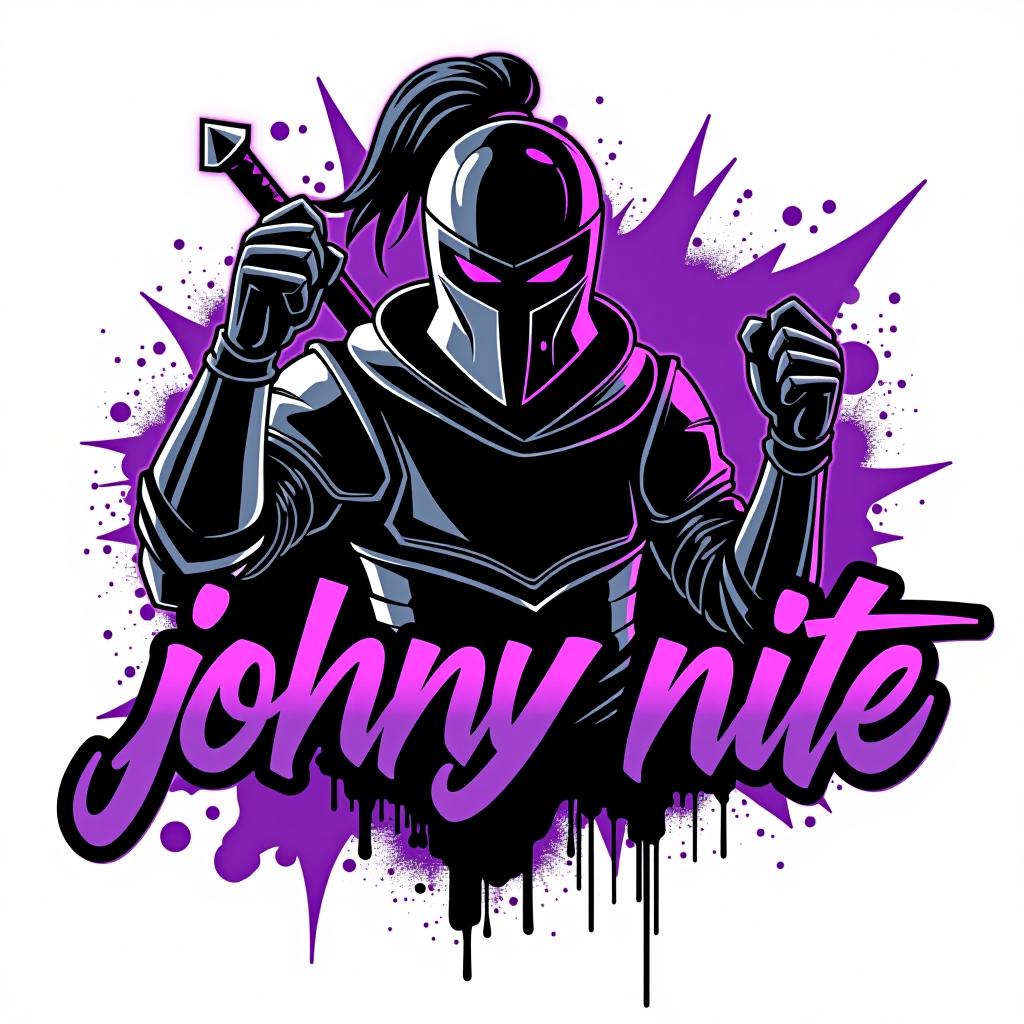  design a logo, in a realism style. knight black and purple graffiti, with the text 'johnny nite '.