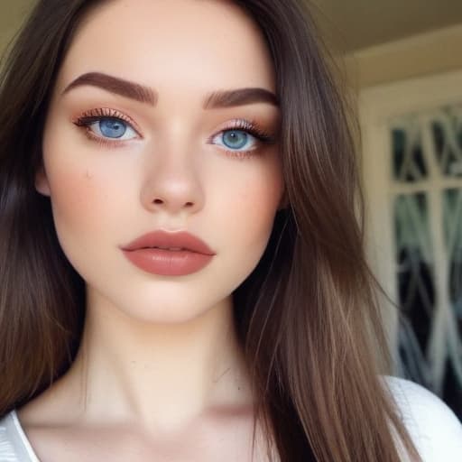 a brown hair girl with straight hair medium length blue eyes long lashes pointy nose medium size lips and white skin tone