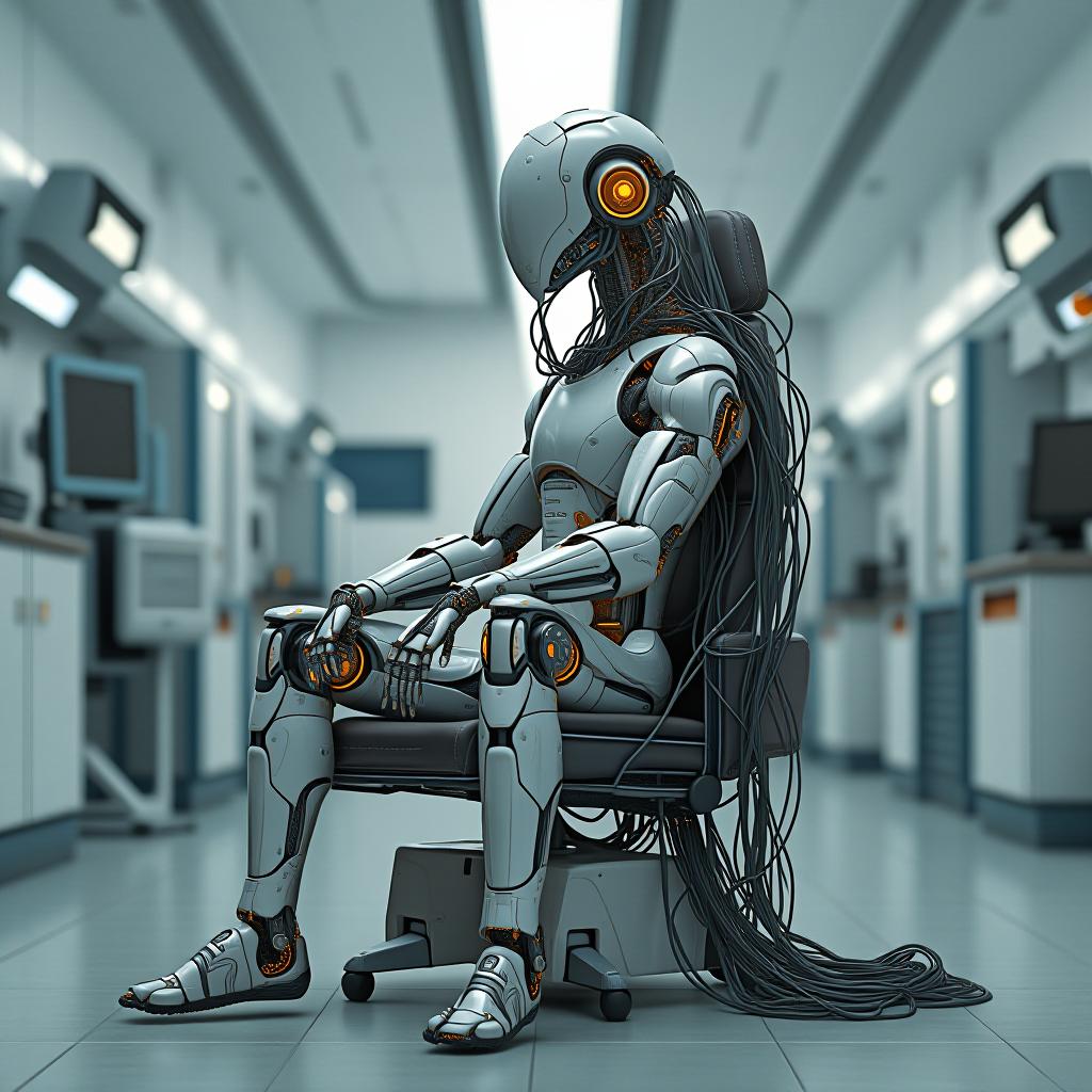  cybernetic robot hdr foto, far shot, pale grayshine mythp0rt a very thin , a faceless cyborg reclines in a chair entwined with cables and wires with mechanical parts; wires come from above the seaborg into the head in a bright white room at the research facility power cables everywhere, ultra high angle view 4k, of organic and mechanical elements, futuristic cybe rnetics, human machine fusion, dystopian, organic meets artificial extremely high resolution details, photographic, realism pushed to extreme, fine texture, incredibly lifelike, complex background . android, ai, machine, metal, wires, tech, futuristic, highly detailed