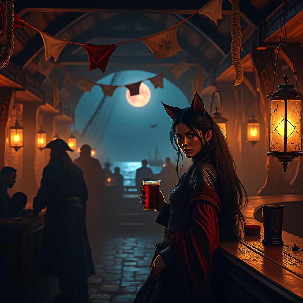  background: a bustling pirate tavern at dusk, filled with shadowy figures and flickering lanterns. ornate wooden beams arch overhead, adorned with tattered flags and swinging rope nets. through a large window, a blood red moon hangs low over a midnight blue sea. the scene is composed with diagonal leading lines from the bar to the window, creating depth. warm, dramatic chiaroscuro lighting from multiple lantern sources casts long shadows and highlights, emphasizing the mysterious and slightly dangerous mood. the color palette features rich golds from the lanterns, deep midnight blues of the sea, and crimson accents from the moon and flags. foreground: a fierce female pirate with sleek black cat ears leans against a polished bar, raising a c hyperrealistic, full body, detailed clothing, highly detailed, cinematic lighting, stunningly beautiful, intricate, sharp focus, f/1. 8, 85mm, (centered image composition), (professionally color graded), ((bright soft diffused light)), volumetric fog, trending on instagram, trending on tumblr, HDR 4K, 8K