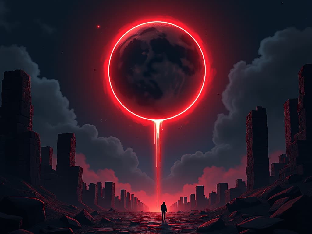  eclipsing moon in dark sky, casting shadows over ancient ruins, ethereal mist rising from the ground, foreboding atmosphere. the style is digital art illustration / modern comic book / graphic dark novel fantasy and mysterious occult, symbolic, moody lighting, esoteric vibe,high detail on character design. for the color scheme emphasize blacks and reds.