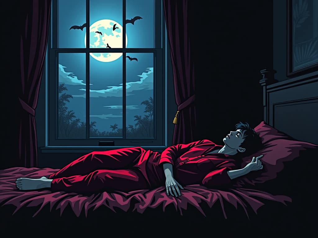  sleeping person in red pajamas, soft moonlight through window, tranquil and restful sleep. the style is digital art illustration / modern comic book / graphic dark novel fantasy and mysterious occult, symbolic, moody lighting, esoteric vibe,high detail on character design. for the color scheme emphasize blacks and reds.