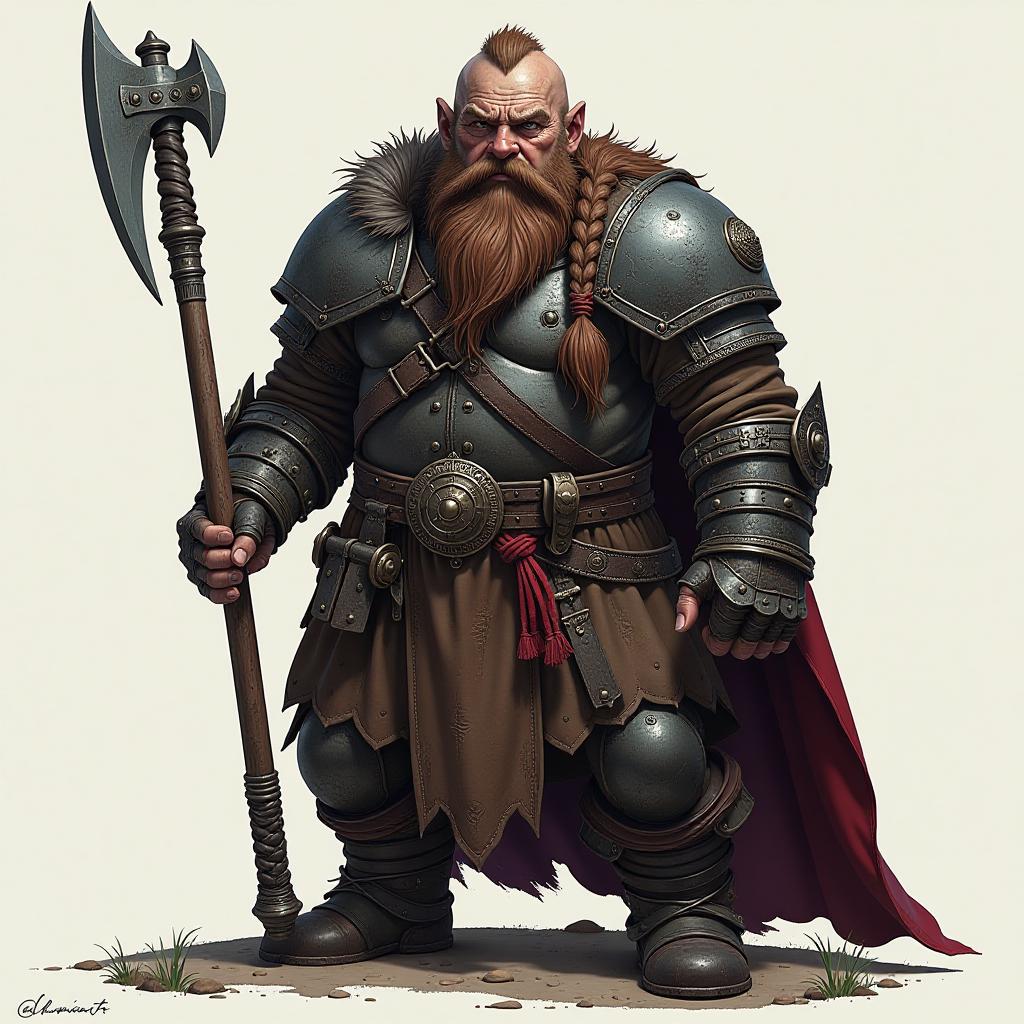  create a portrait of a grim dwarf warrior with a long braided beard, iron armor, and a mighty axe. depict them in a tolkien esque fantasy world.