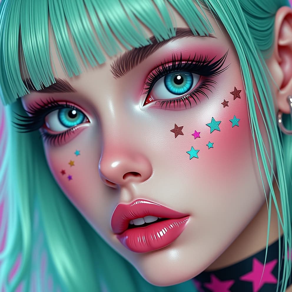  a hyper realistic portrait of an androgynous pastel goth punk woman with big eyelashes, star shaped glitter and stickers on her face, and glossy punk lipstick. rendered in a kawaii aesthetic with light cyan and green hues, featuring cute cartoonish designs, barbiecore elements, and a hyper detailed illustration style. the overall look should be shiny and glossy, capturing a sense of fear and loathing in the subject's expression. the focus should be on a close up view of the face.hyper detail, intricate details, sharp focus, high resolution, 8k, ultra detailed, vib