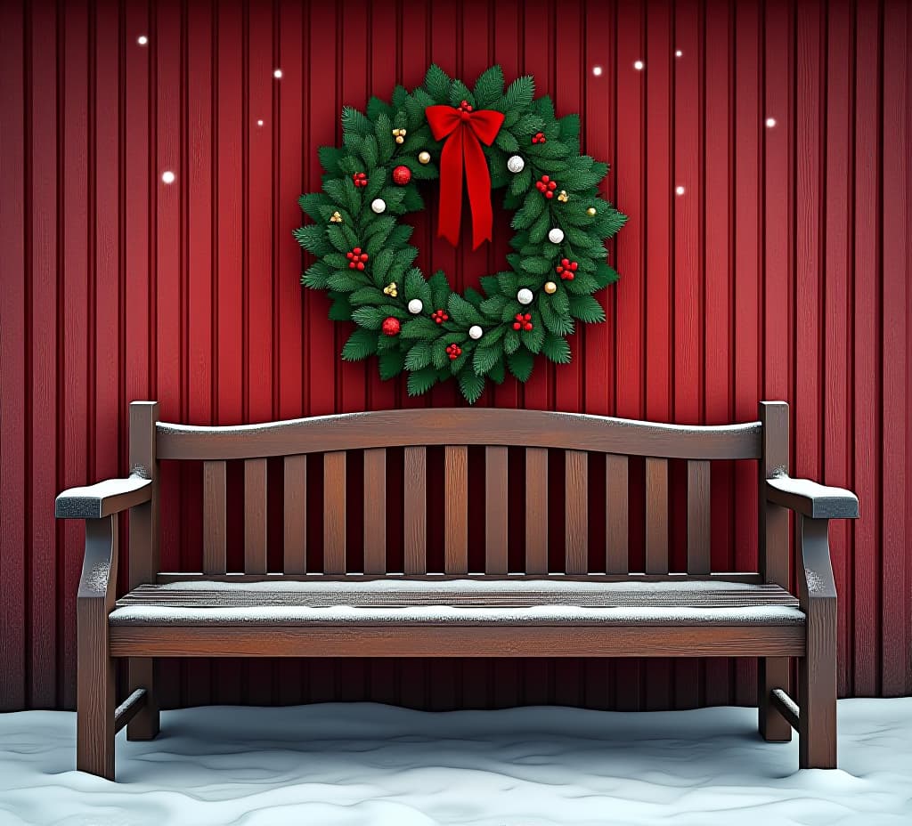  festive winter scene with a wooden bench, decorated green wreath, red wooden wall, and snow on the ground, perfect for holiday backgrounds.