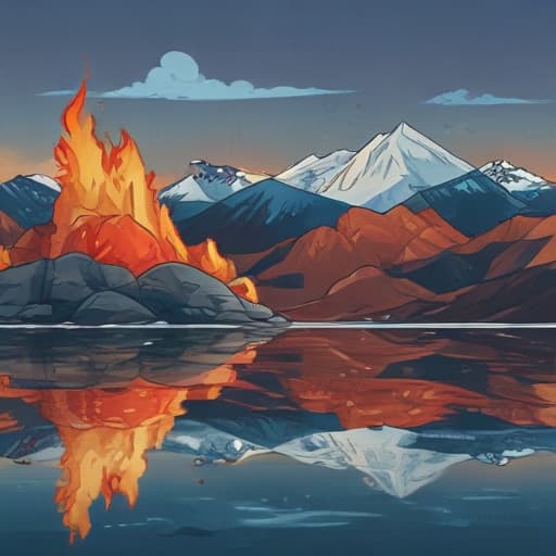 Fire above water in Cartoon style with Mountains background