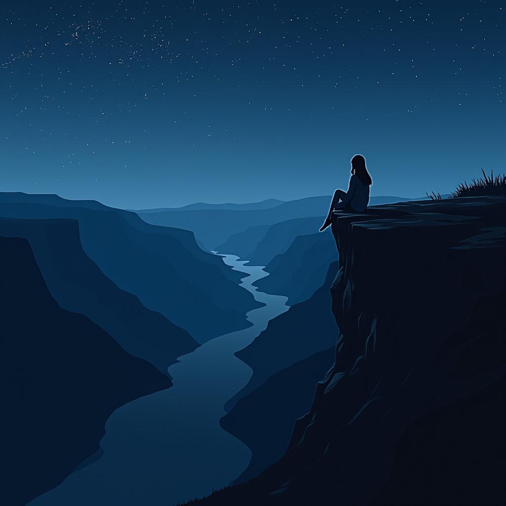  the girl is sitting on the cliff at night.