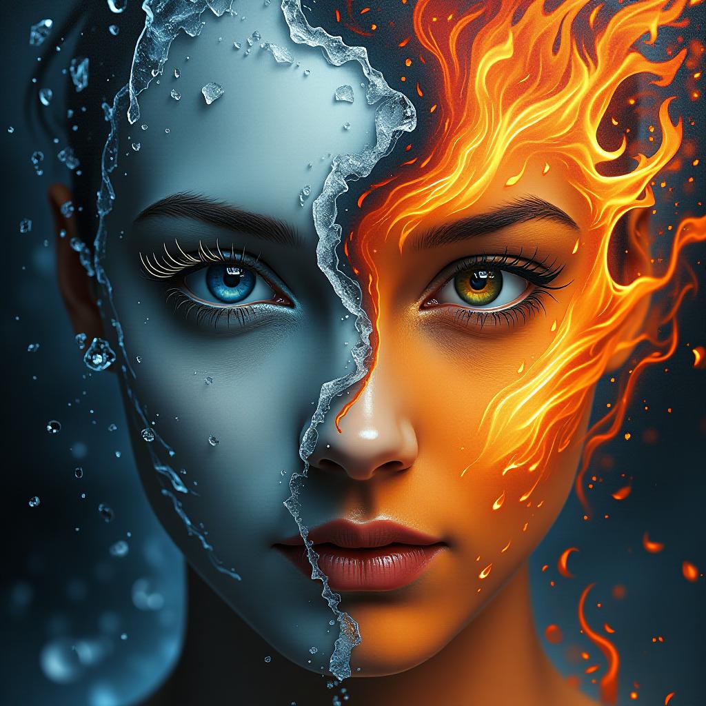  surrealist art masterpiece,oil painting, yin and yang, ice and flame, two halves of the face one of ice, the other of fire, at the bottom is the text in large letters "yin and yang", close up, high detail, high resolution, detailed skin, detailed eyes, detailed background, deep sharpness, dynamic pose, hyperrealism, lots of small details, perfect composition and perspective. . dreamlike, mysterious, provocative, symbolic, intricate, detailed hyperrealistic, full body, detailed clothing, highly detailed, cinematic lighting, stunningly beautiful, intricate, sharp focus, f/1. 8, 85mm, (centered image composition), (professionally color graded), ((bright soft diffused light)), volumetric fog, trending on instagram, trending on tumblr, HDR 4K, 8K