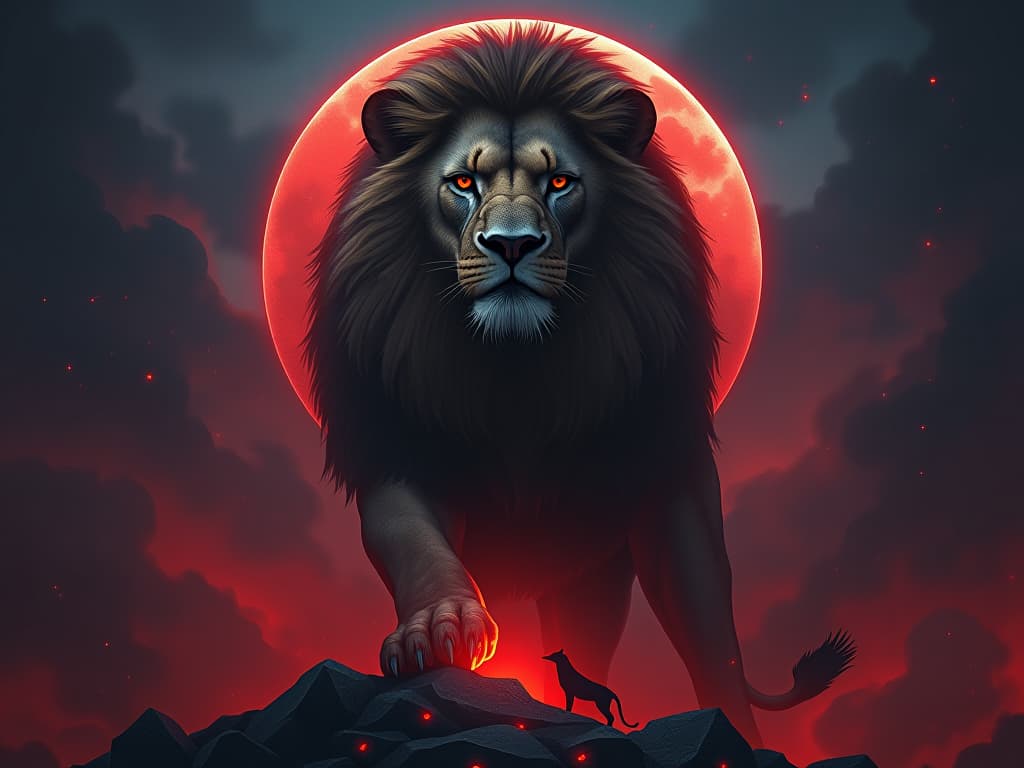  a majestic lion with a fierce yet noble gaze, surrounded by symbols of strength and courage, twilight setting, ethereal glow enveloping the scene.. the style is dark fantasy and mysterious occult, symbolic, moody lighting, esoteric vibe,high detail on character design. for the color scheme emphasize blacks and reds.