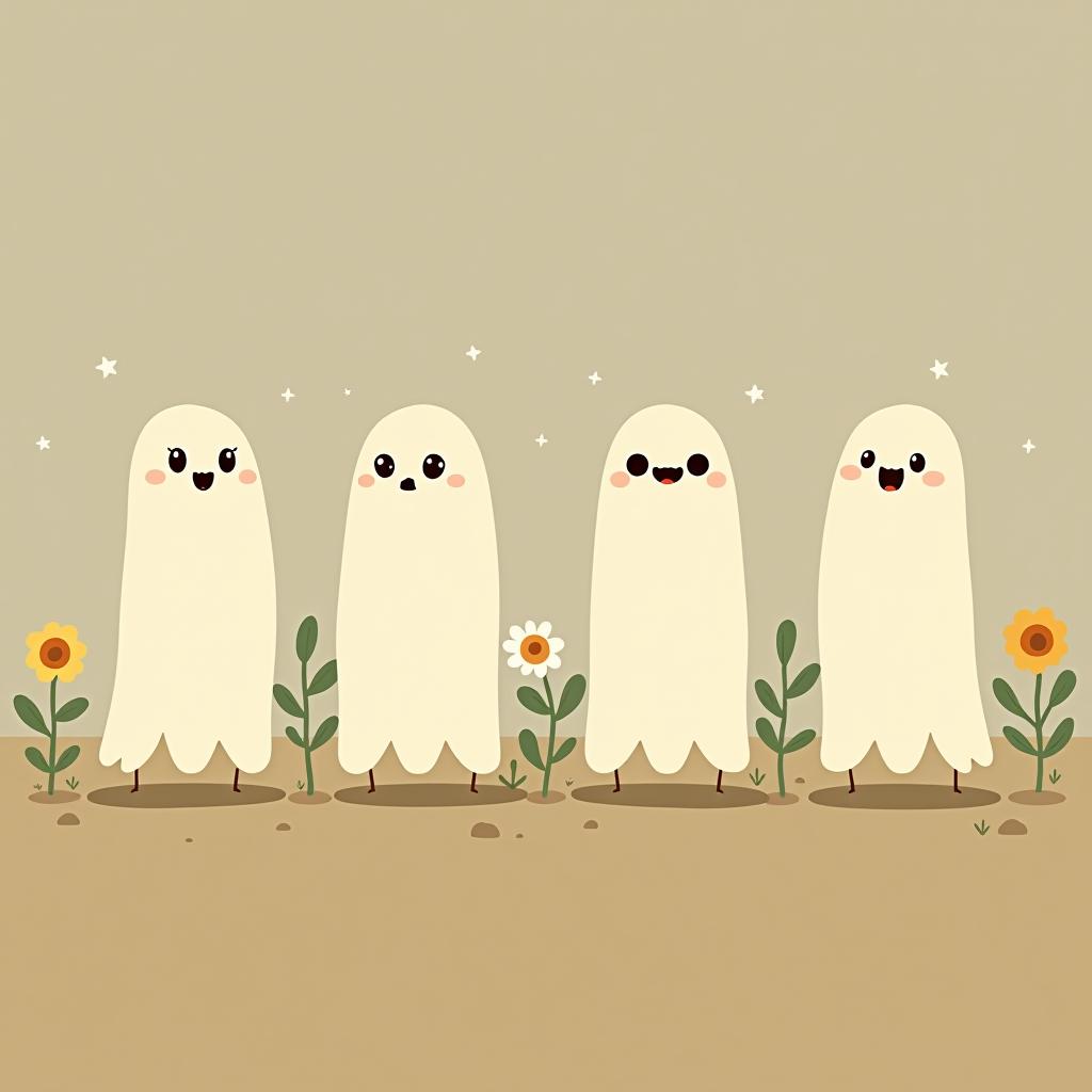  create a digital illustration featuring a row of four or five cute, cartoonish ghost characters, each with a different appearance, standing in different positions within sparse, life like wildflowers.